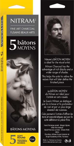 Picture of Nitram Batons Moyens Extra Soft Natural Charcoal Sticks - Round (8mm diameter)