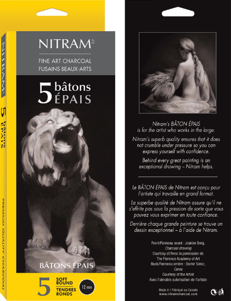 Picture of Nitram Batons Epais Extra Soft Natural Charcoal Sticks - Round (12mm diameter)