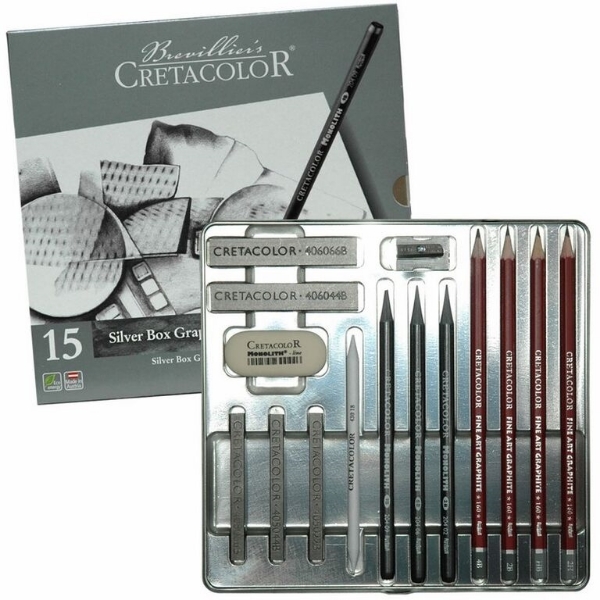 CRETACOLOR SILVER BOX : GRAPHITE AND DRAWING : SET OF 15 PC IN TIN BOX
