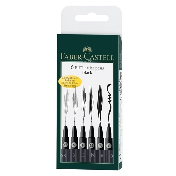 Picture of Faber Castell Pitt Artist Pen Black Assorted Set - Wallet of 6 (XS, S, F, M, B & C)