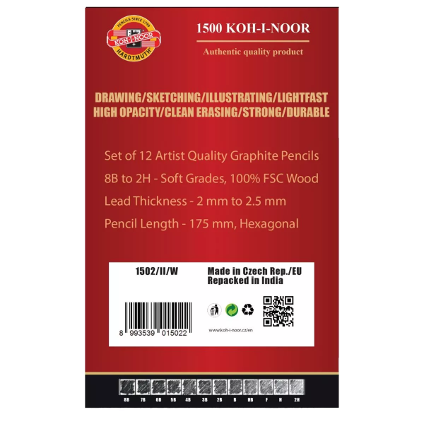 Picture of Kohinoor 1500 Professional Graphite Pencil Wallet Of 12 (8B-2H)