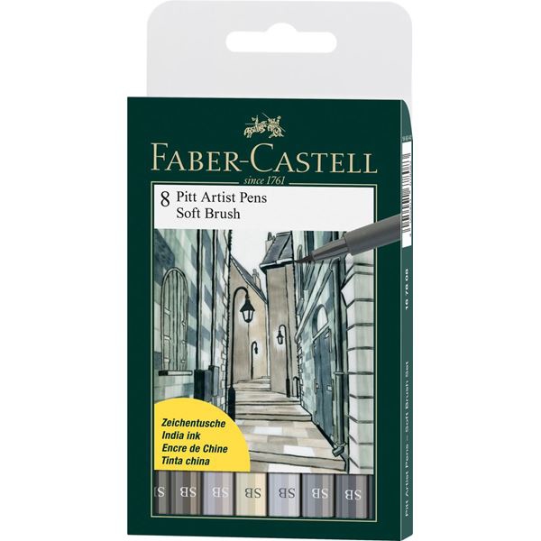 Picture of Faber Castell Pitt Artist Pen Soft Brush Grey - Wallet of 8