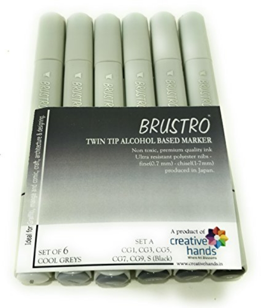 Picture of Brustro Twin Tip Alcohol Based Marker Set Of 6 - Cool Greys A