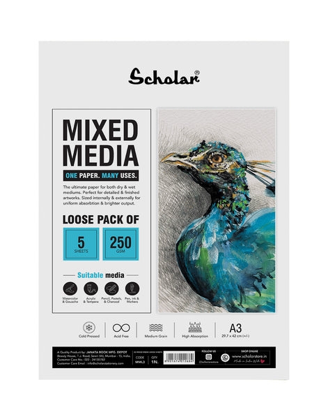 Picture of Scholar Mixed Media 250 GSM Loose Pack of 5 Sheets - A3