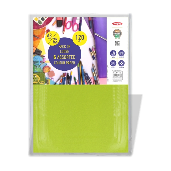 Picture of Anupam Colour Paper A3 Loose Sheets - Pack of 25 (6 Assorted) 