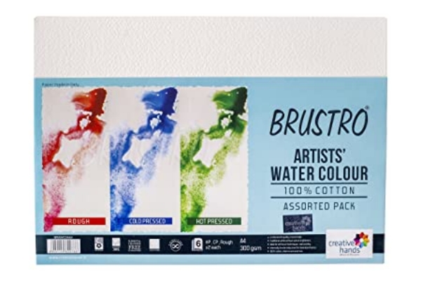 Picture of Brustro Artists Water Colour  A4 300 gsm Assorted Pack of 6 sheets (HP, CP, Rough x 2 each)