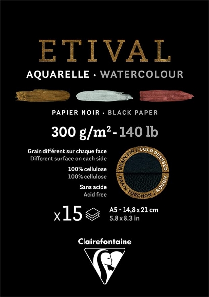 Picture of CLAIREFONTAINE ETIVAL  AQUARELLE WC BLACK PAD 300GSM A5
