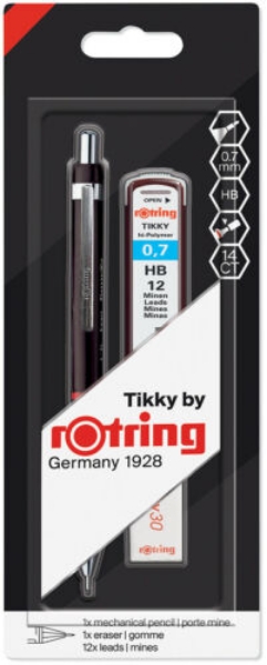 Picture of ROTRING TIKKY MECHANICAL PENCIL BLACK 0.7 + HB LEAD  + ERASER SET OF 3