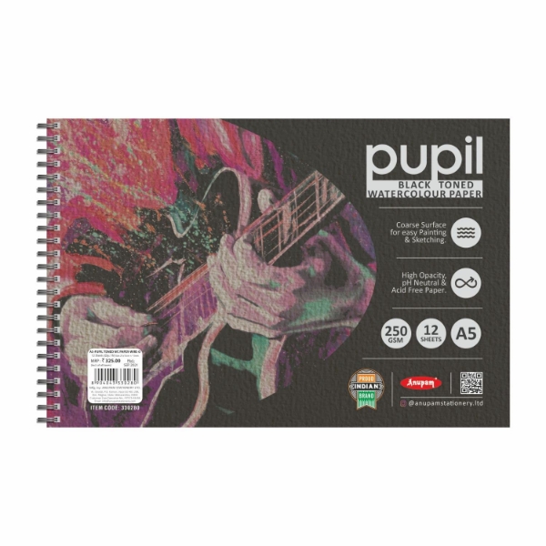 Picture of Anupam Pupil Black Toned Watercolour Sketchbook - A5 12 Sheets (250GSM) 