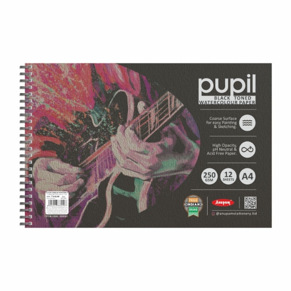 Picture of Anupam Pupil Black Toned Watercolour Sketchbook - A4 12 Sheets (250GSM) 