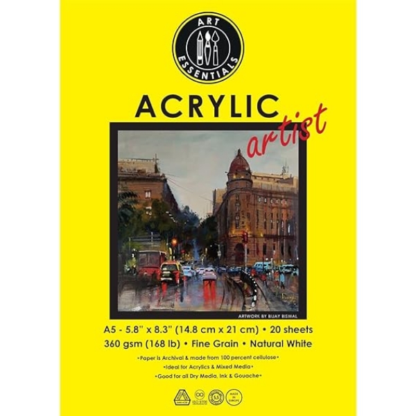 Picture of Art Essentials Acrylic Artist A5 360 GSM Size 14.8cm x 21cm 20 Sheets